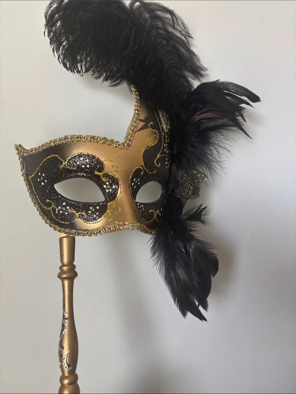 Gold and Black Feathered Venetian Handheld Mask